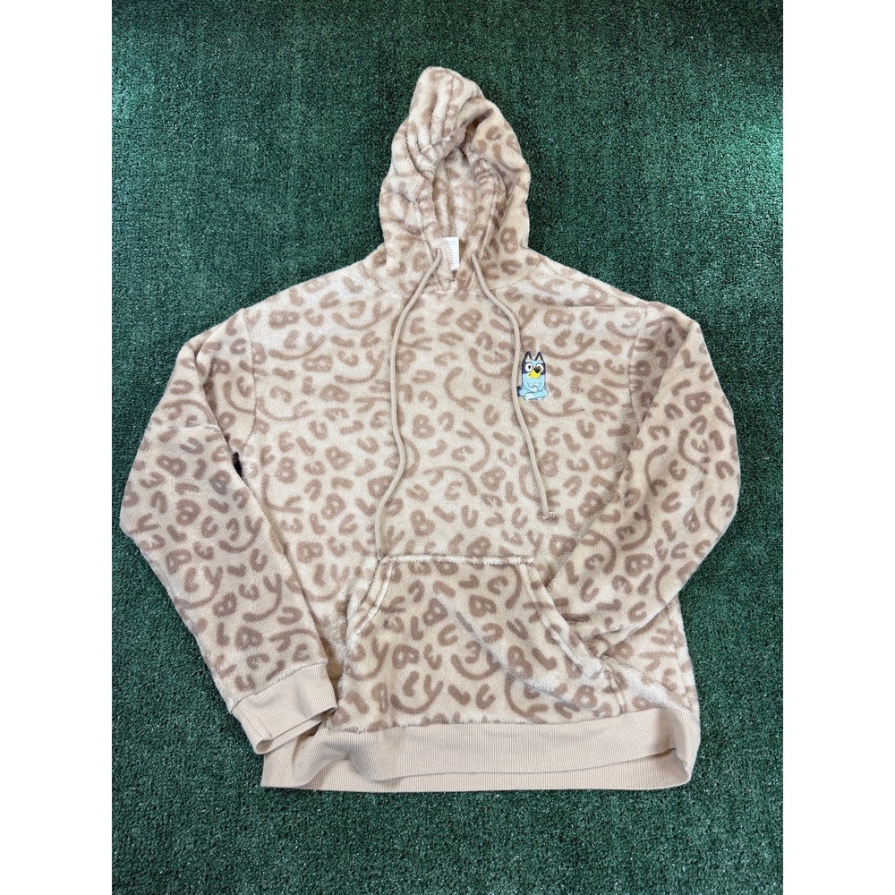 Bluey Fuzzy Leopard Print Pullover Hoodie Embroidered Character Size S